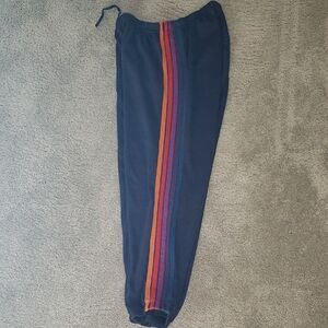 Aviator Nation Women's 5 Stripe Navy Sweatpants with Rainbow Stripe